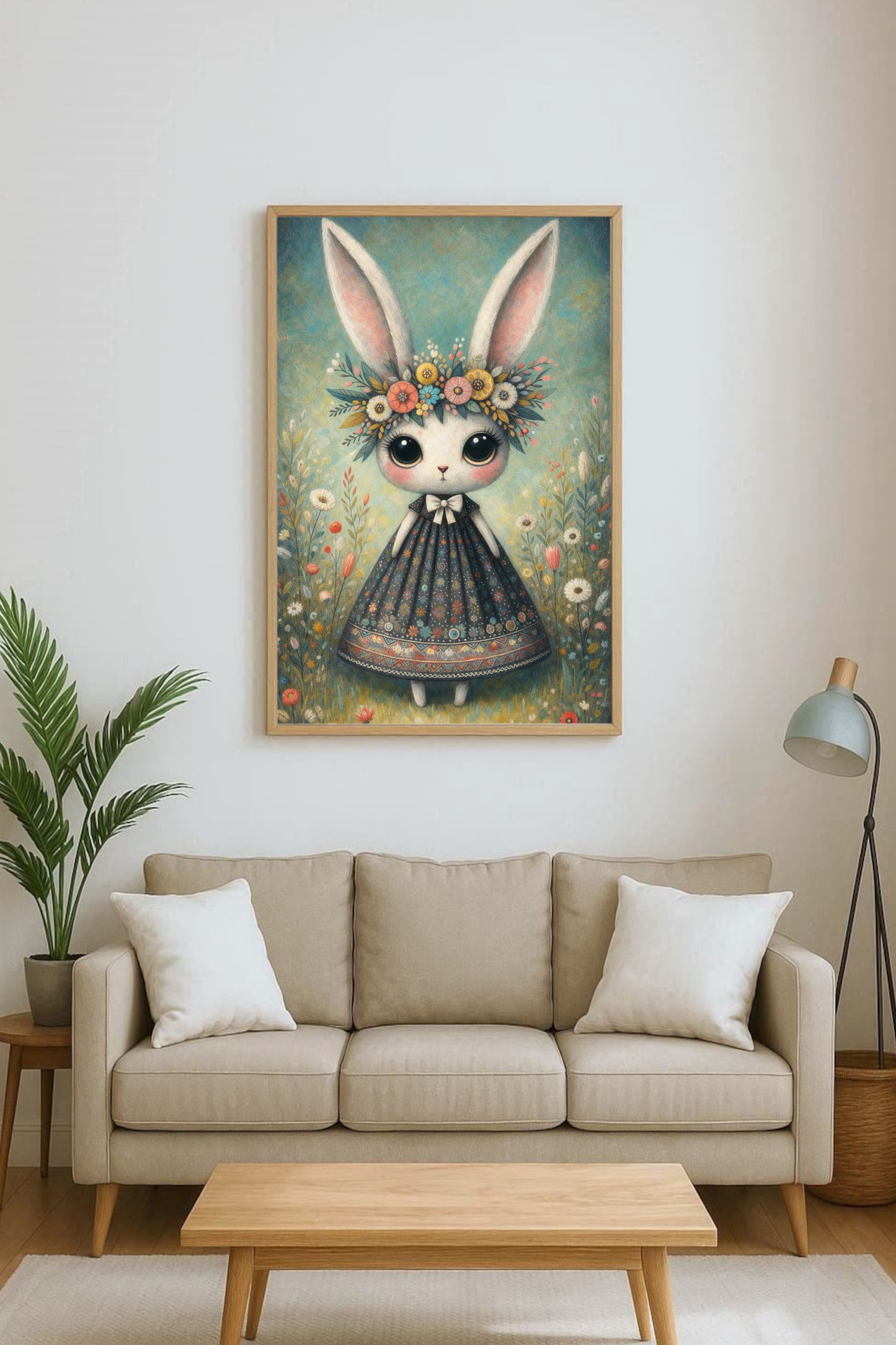 Verspielte Illustration eines Hasen mit Blumenkranz und Kleid in einer blühenden Wiese im Cottagecore Stil