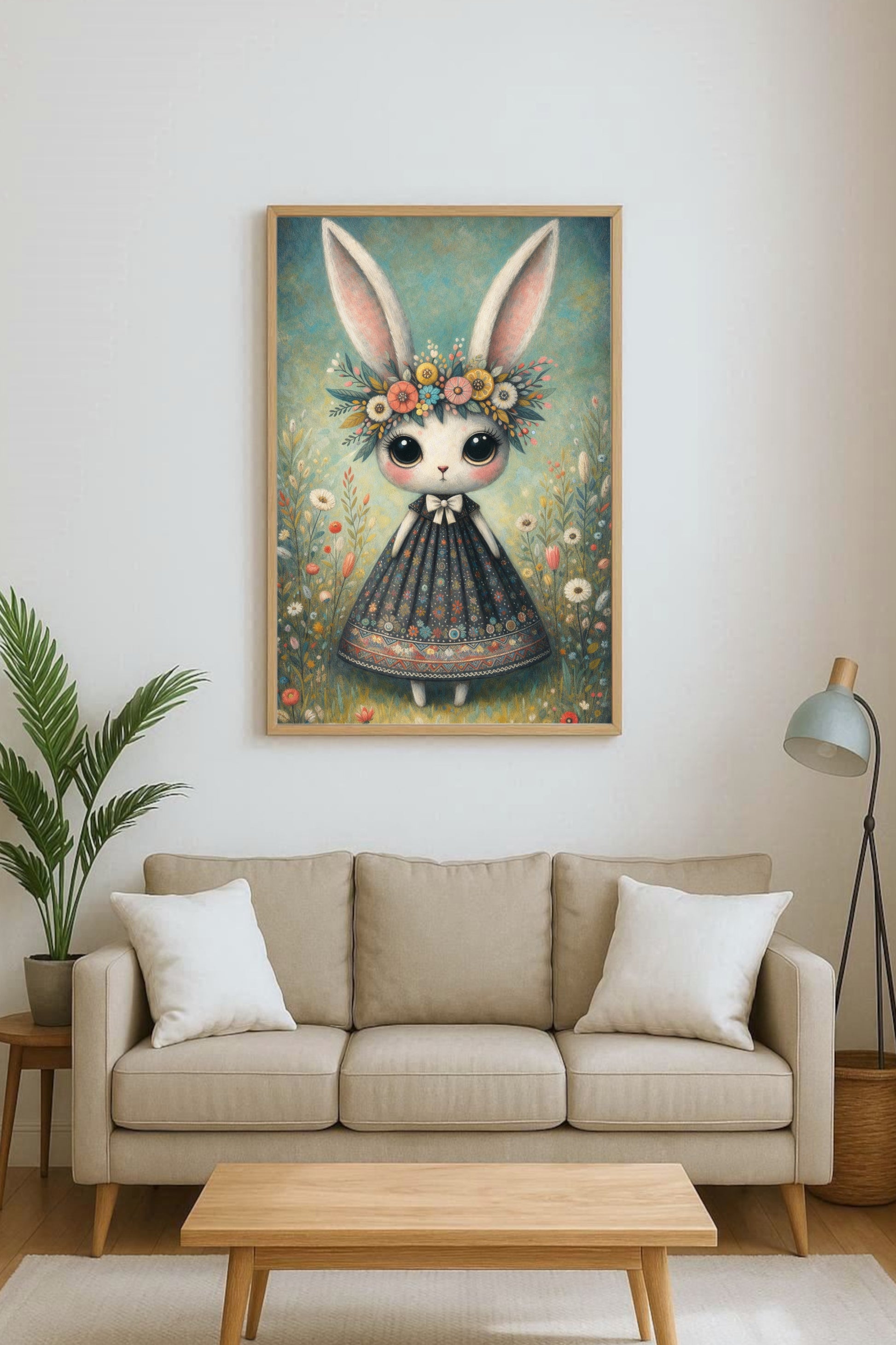 Verspielte Illustration eines Hasen mit Blumenkranz und Kleid in einer blühenden Wiese im Cottagecore Stil