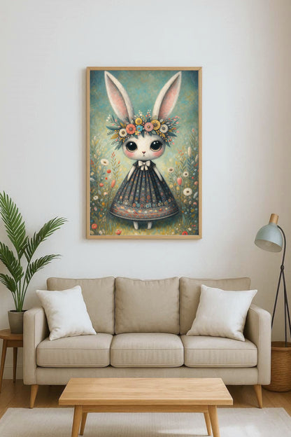 Verspielte Illustration eines Hasen mit Blumenkranz und Kleid in einer blühenden Wiese im Cottagecore Stil