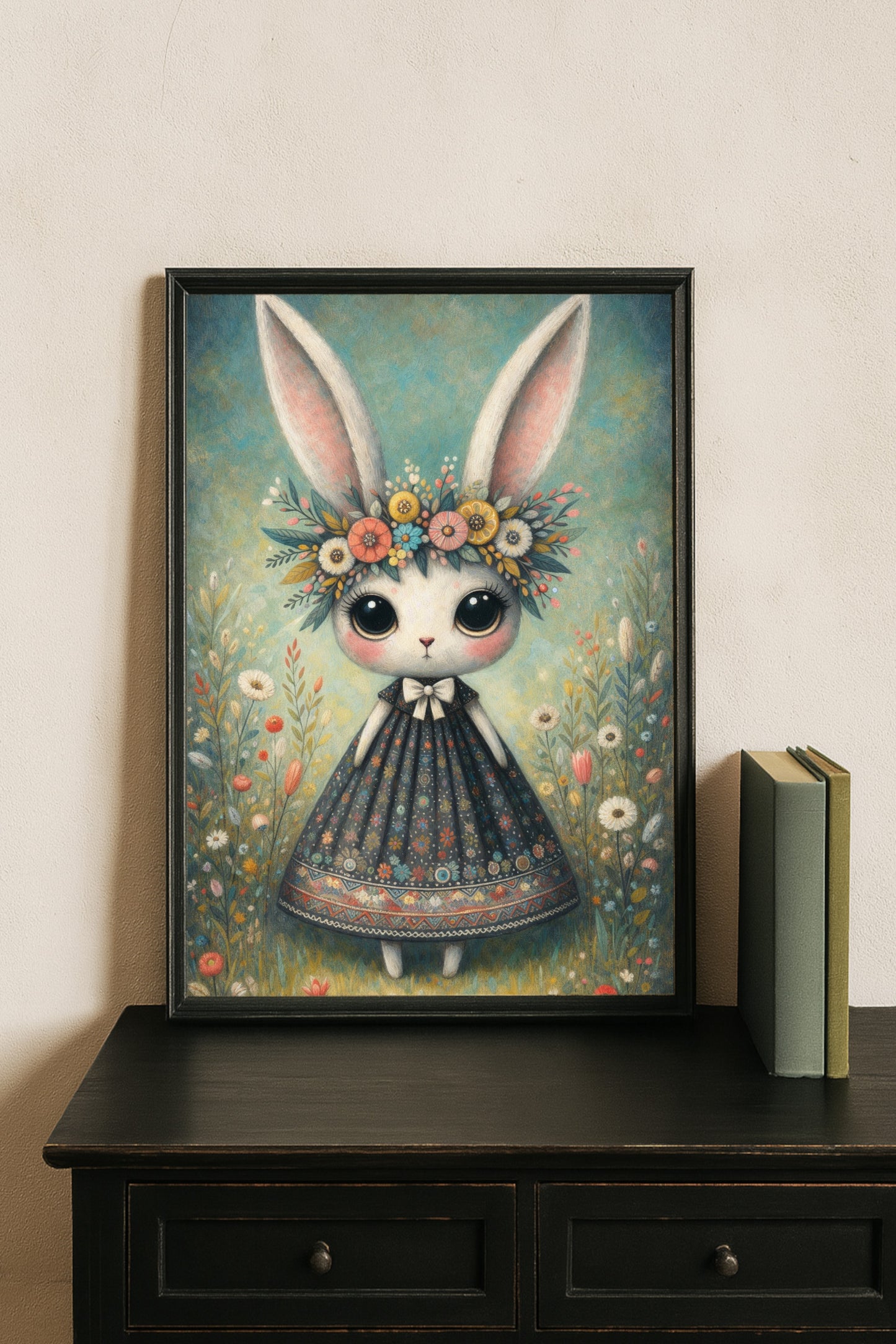 Verspielte Illustration eines Hasen mit Blumenkranz und Kleid in einer blühenden Wiese im Cottagecore Stil