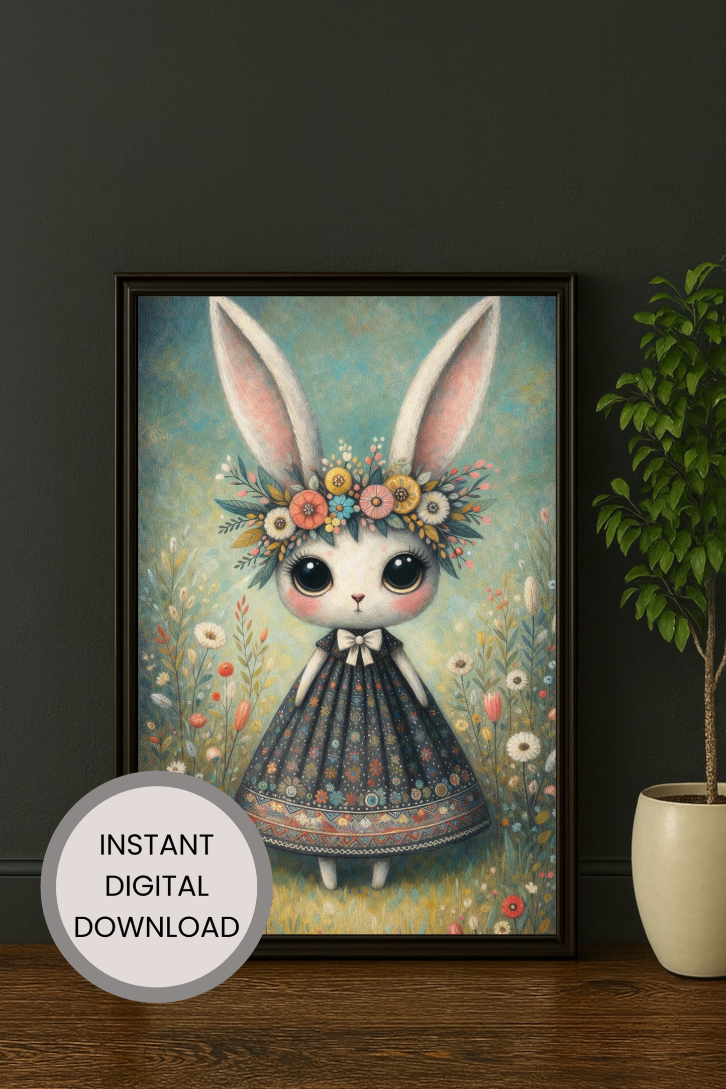 Verspielte Illustration eines Hasen mit Blumenkranz und Kleid in einer blühenden Wiese im Cottagecore Stil