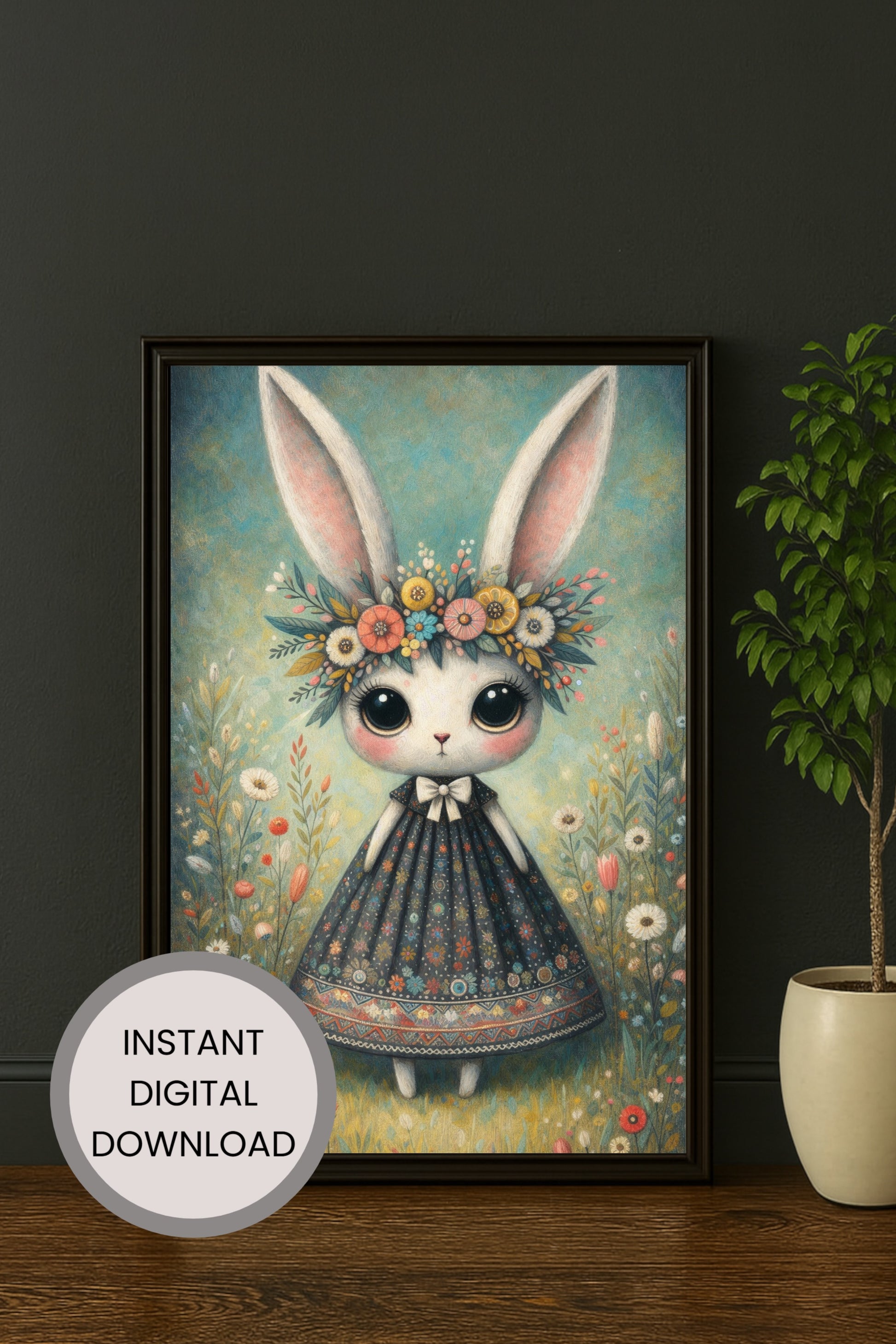 Verspielte Illustration eines Hasen mit Blumenkranz und Kleid in einer blühenden Wiese im Cottagecore Stil