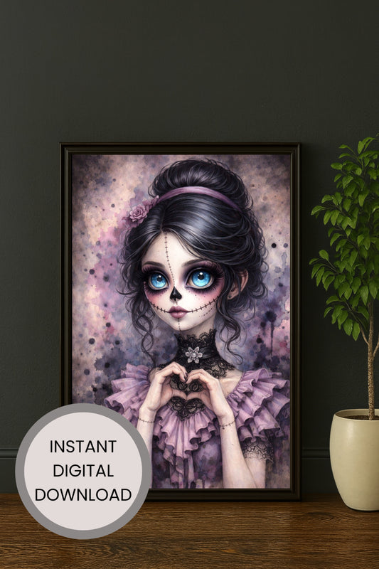 Zartes Porträt eines La-Catrina-Mädchens mit großen blauen Augen, genähtem Gesicht und Herzgeste vor pastelligem Hintergrund