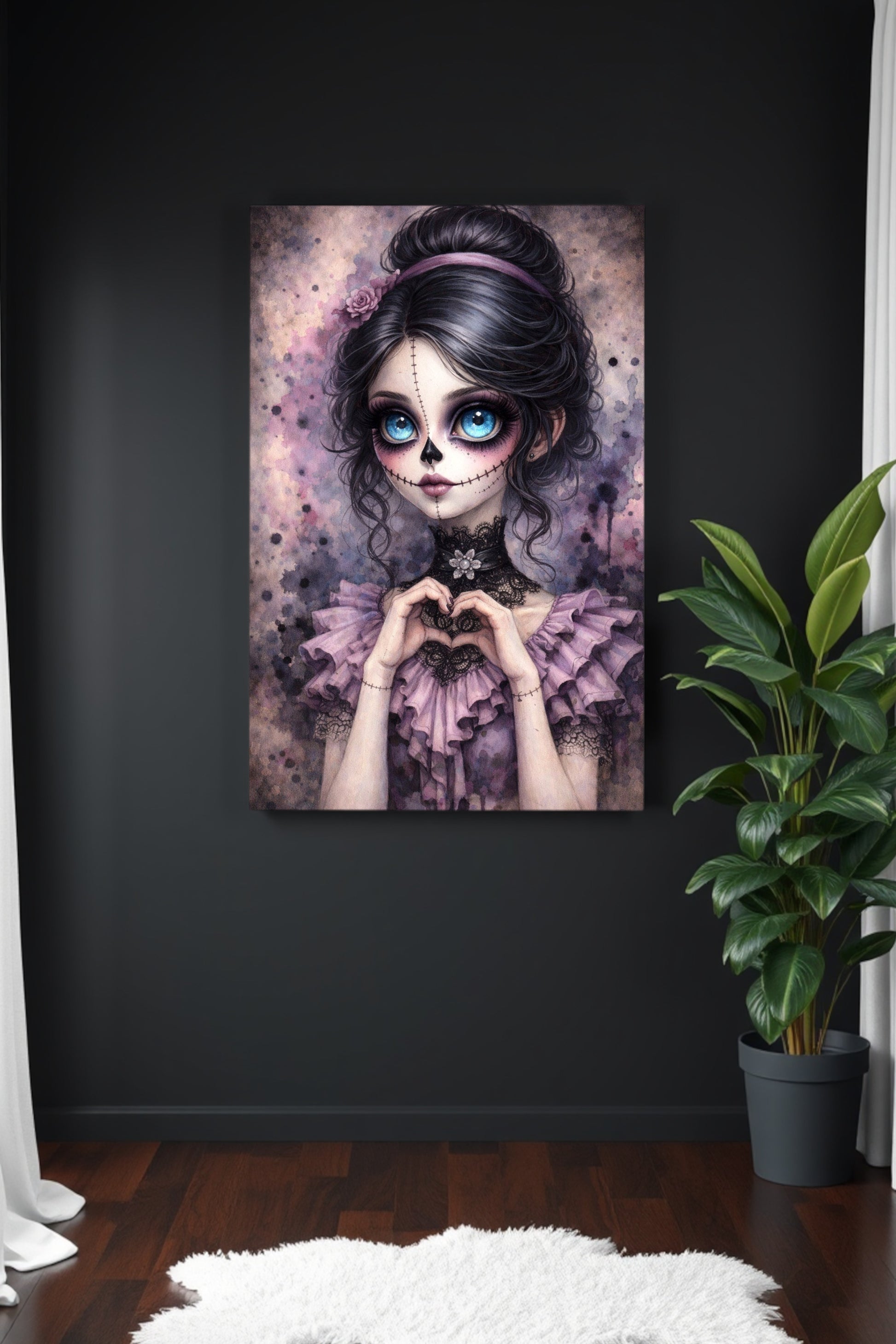 Zartes Porträt eines La-Catrina-Mädchens mit großen blauen Augen, genähtem Gesicht und Herzgeste vor pastelligem Hintergrund