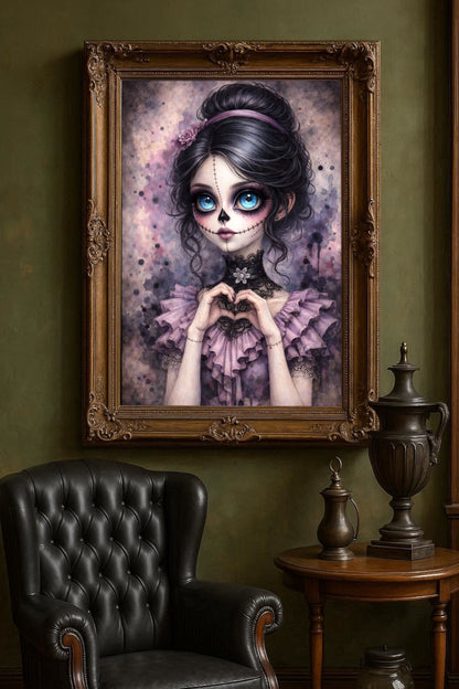 Zartes Porträt eines La-Catrina-Mädchens mit großen blauen Augen, genähtem Gesicht und Herzgeste vor pastelligem Hintergrund