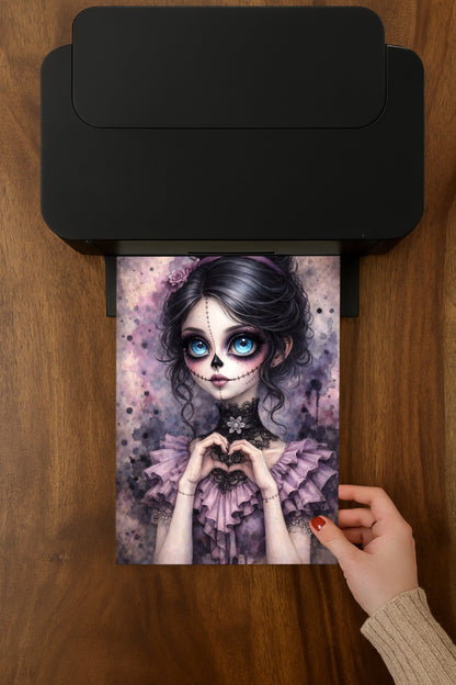 Zartes Porträt eines La-Catrina-Mädchens mit großen blauen Augen, genähtem Gesicht und Herzgeste vor pastelligem Hintergrund