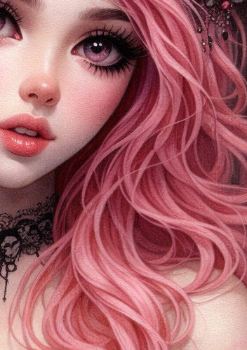 Elegantes Porträt einer pinkhaarigen Gothic-Lolita mit Rosenkranz, Spitzenkleid und dunklem Hintergrund