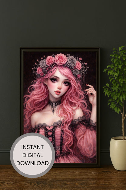 Elegantes Porträt einer pinkhaarigen Gothic-Lolita mit Rosenkranz, Spitzenkleid und dunklem Hintergrund