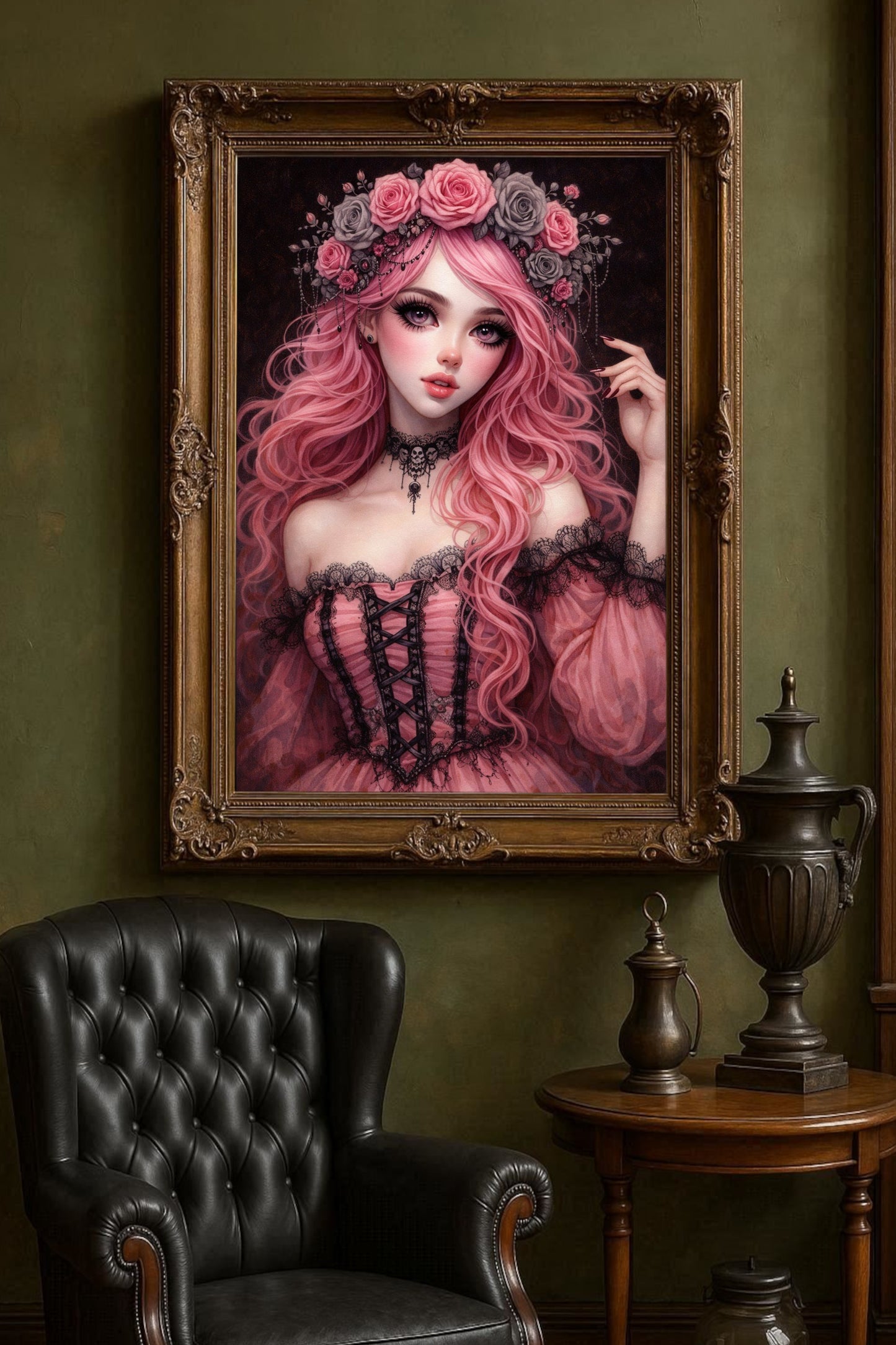 Elegantes Porträt einer pinkhaarigen Gothic-Lolita mit Rosenkranz, Spitzenkleid und dunklem Hintergrund