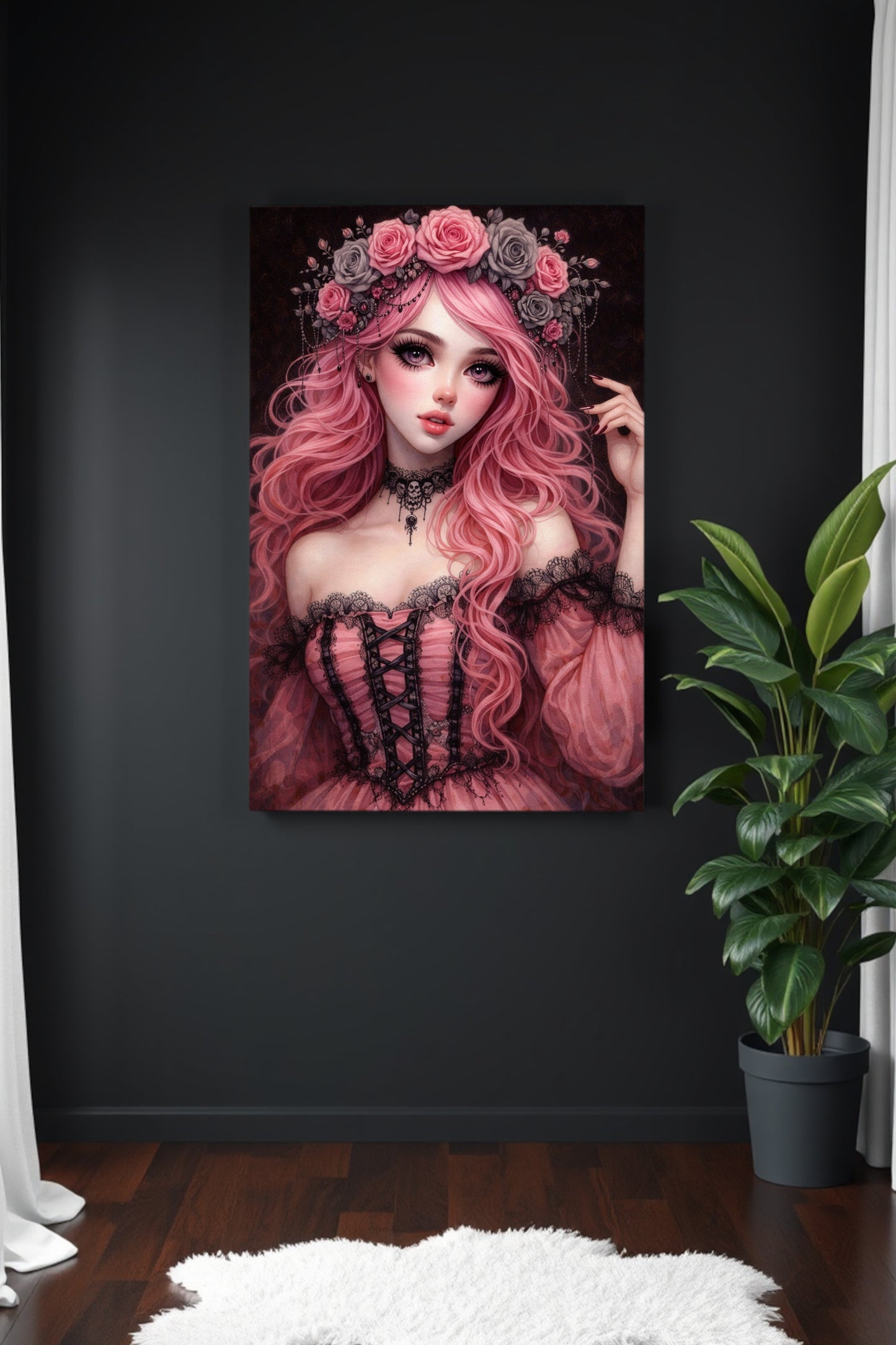 Elegantes Porträt einer pinkhaarigen Gothic-Lolita mit Rosenkranz, Spitzenkleid und dunklem Hintergrund