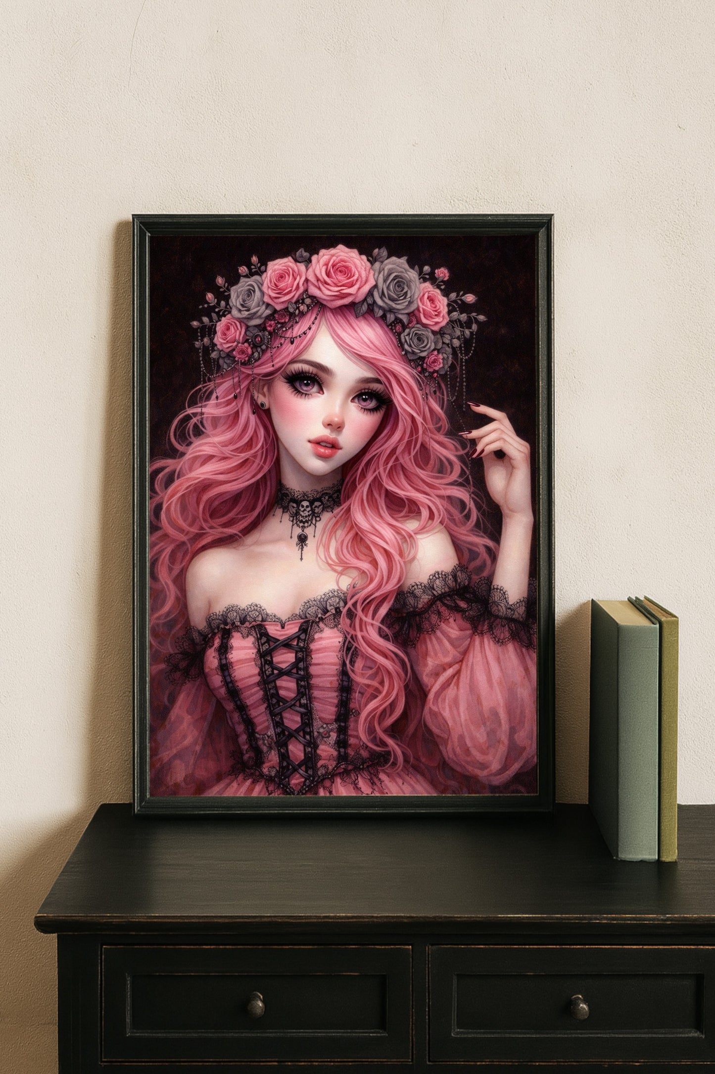 Elegantes Porträt einer pinkhaarigen Gothic-Lolita mit Rosenkranz, Spitzenkleid und dunklem Hintergrund