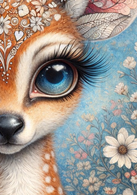 Verspielte Illustration eines Rehkitzes mit großen blauen Augen, floralen Mustern und blühender Wiese im Hintergrund