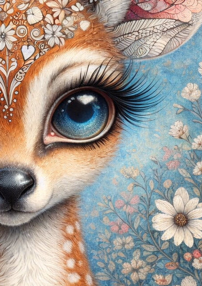 Verspielte Illustration eines Rehkitzes mit großen blauen Augen, floralen Mustern und blühender Wiese im Hintergrund