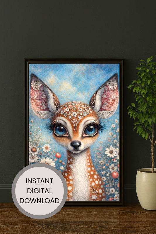 Verspielte Illustration eines Rehkitzes mit großen blauen Augen, floralen Mustern und blühender Wiese im Hintergrund