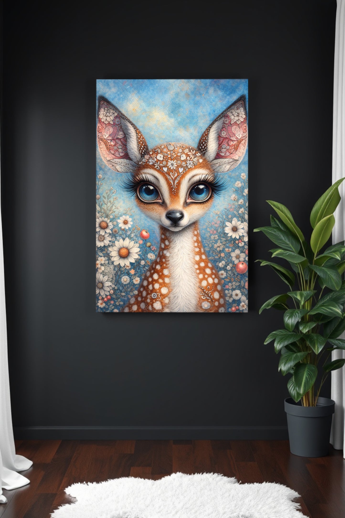 Verspielte Illustration eines Rehkitzes mit großen blauen Augen, floralen Mustern und blühender Wiese im Hintergrund