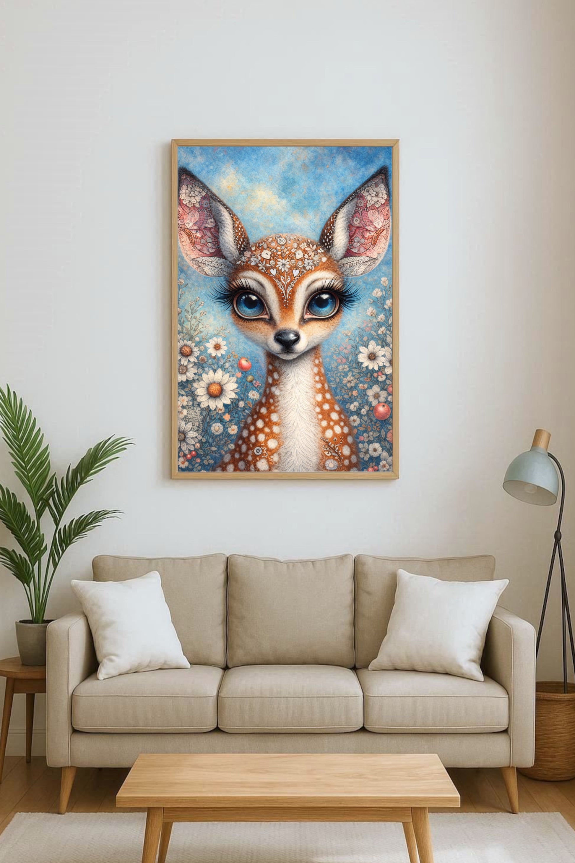 Verspielte Illustration eines Rehkitzes mit großen blauen Augen, floralen Mustern und blühender Wiese im Hintergrund