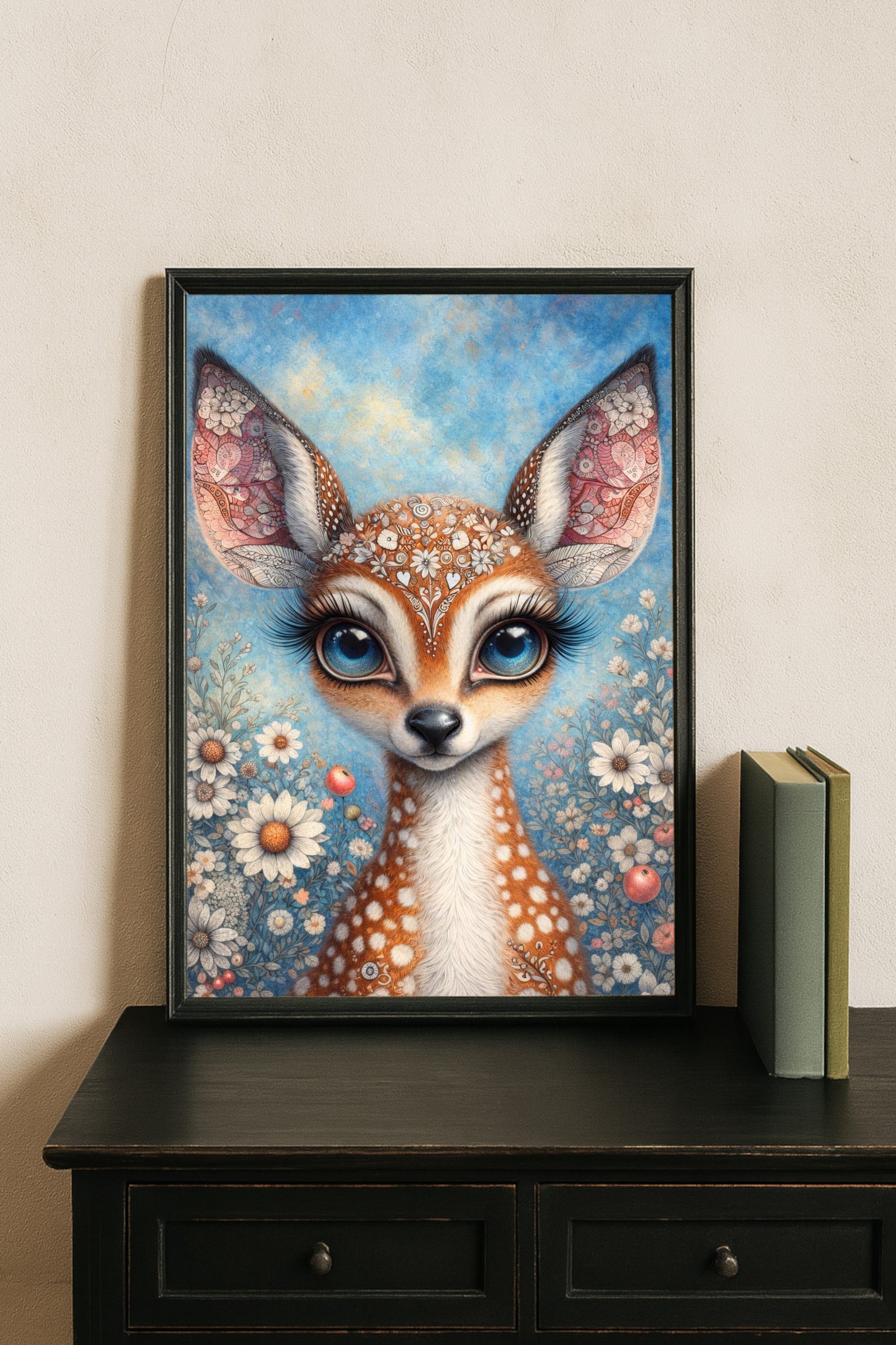 Verspielte Illustration eines Rehkitzes mit großen blauen Augen, floralen Mustern und blühender Wiese im Hintergrund