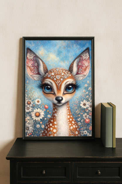 Verspielte Illustration eines Rehkitzes mit großen blauen Augen, floralen Mustern und blühender Wiese im Hintergrund
