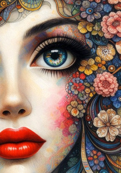Farbenreiches Porträt einer surrealen Frau mit floralen Ornamenten, intensiven Augen und rotem Lippenstift