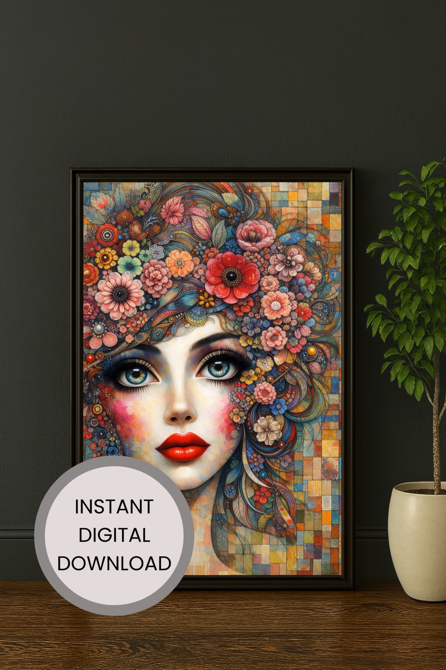 Farbenreiches Porträt einer surrealen Frau mit floralen Ornamenten, intensiven Augen und rotem Lippenstift