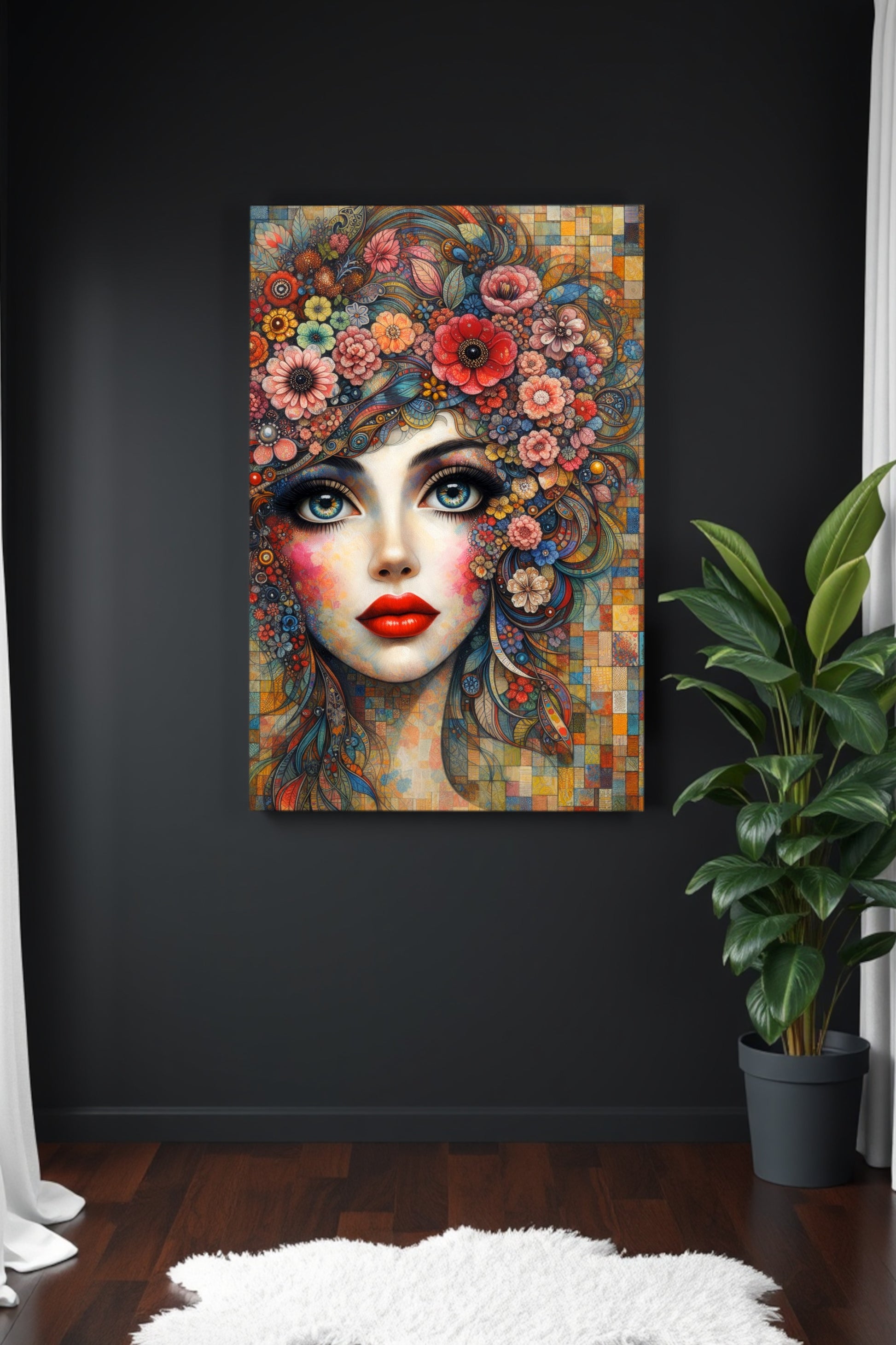 Farbenreiches Porträt einer surrealen Frau mit floralen Ornamenten, intensiven Augen und rotem Lippenstift
