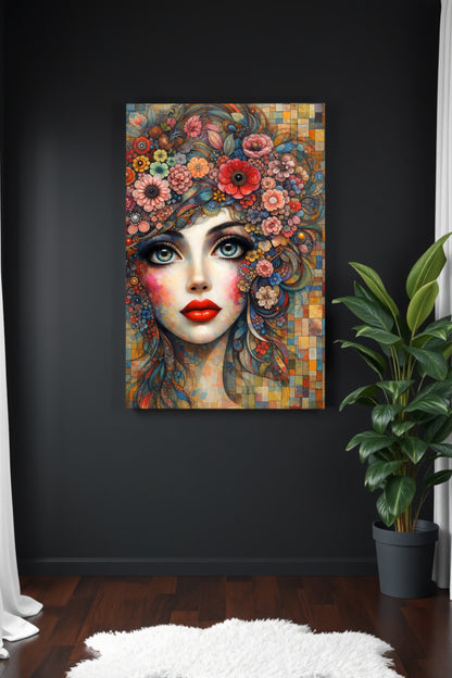 Farbenreiches Porträt einer surrealen Frau mit floralen Ornamenten, intensiven Augen und rotem Lippenstift