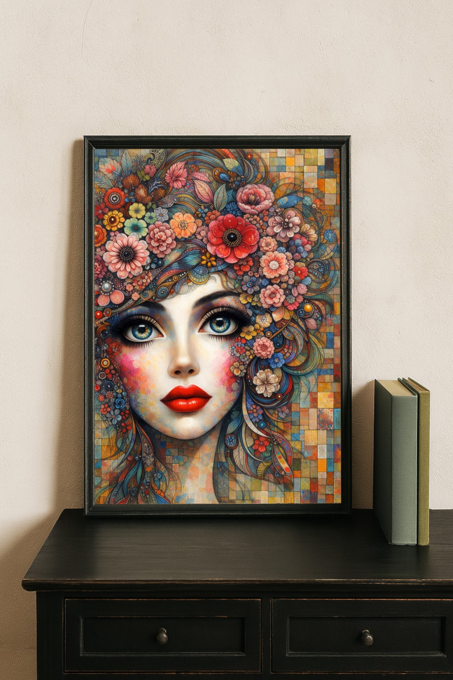 Farbenreiches Porträt einer surrealen Frau mit floralen Ornamenten, intensiven Augen und rotem Lippenstift