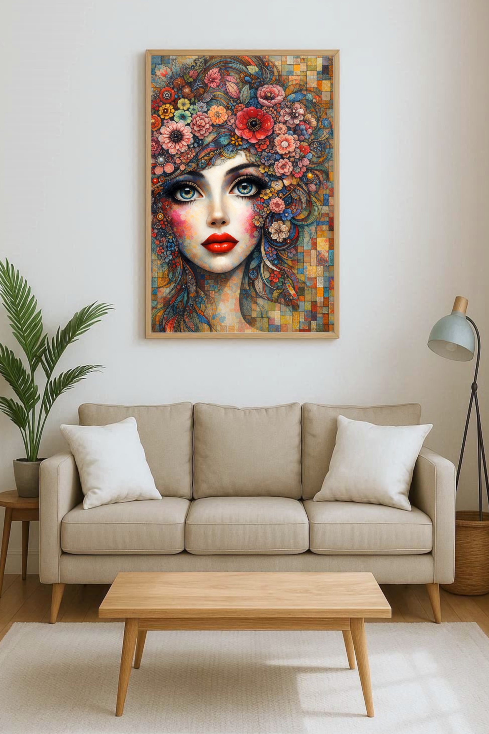 Farbenreiches Porträt einer surrealen Frau mit floralen Ornamenten, intensiven Augen und rotem Lippenstift