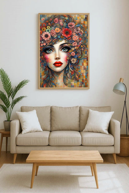 Farbenreiches Porträt einer surrealen Frau mit floralen Ornamenten, intensiven Augen und rotem Lippenstift