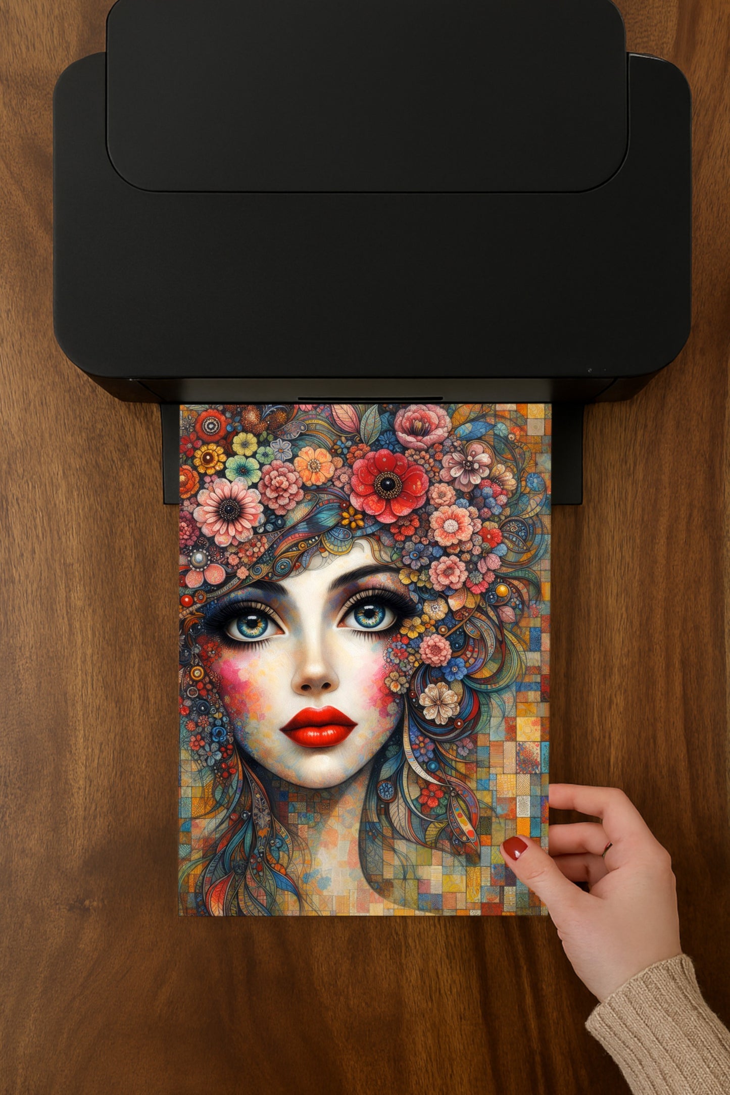 Farbenreiches Porträt einer surrealen Frau mit floralen Ornamenten, intensiven Augen und rotem Lippenstift