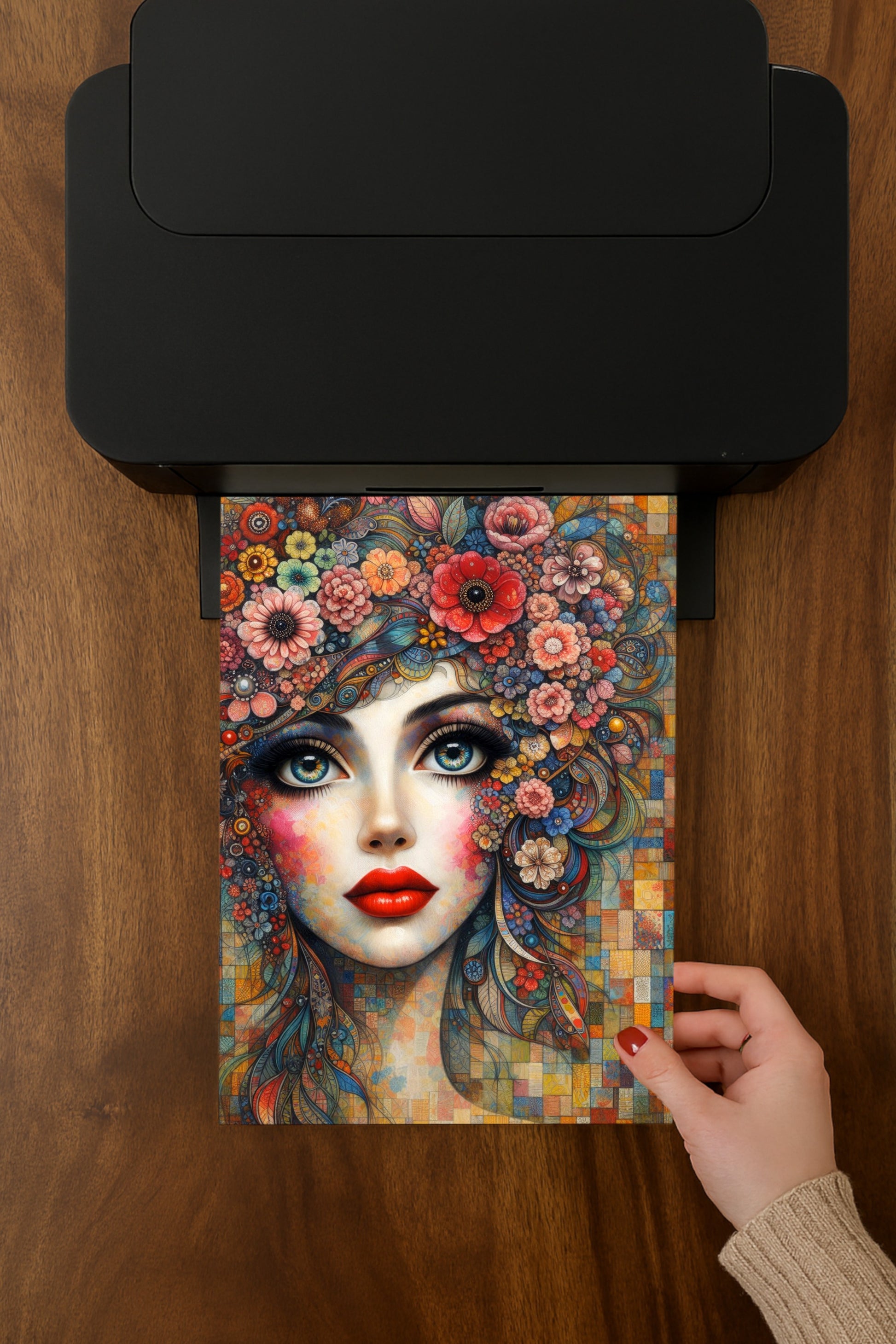 Farbenreiches Porträt einer surrealen Frau mit floralen Ornamenten, intensiven Augen und rotem Lippenstift