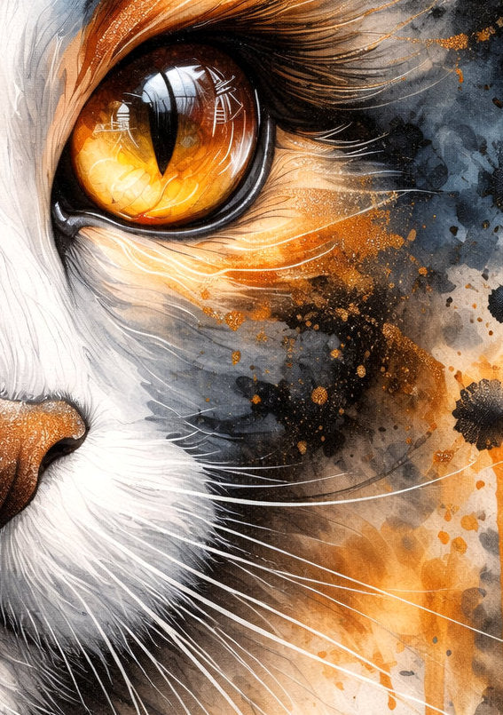 Ausdrucksstarkes digitales Katzenporträt mit goldenem Auge in dunkler Aquarelloptik
