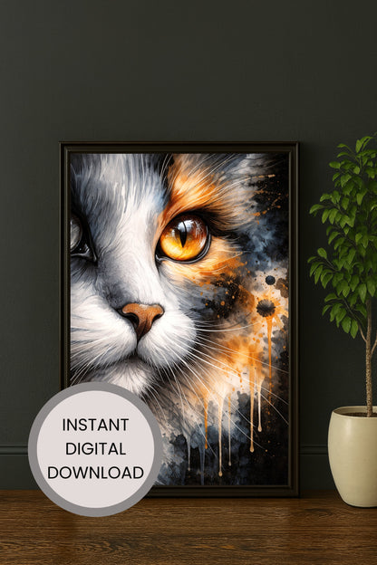 Ausdrucksstarkes digitales Katzenporträt mit goldenem Auge in dunkler Aquarelloptik