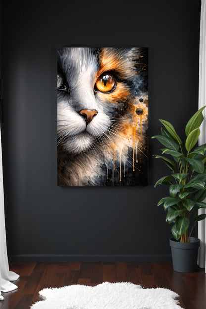Ausdrucksstarkes digitales Katzenporträt mit goldenem Auge in dunkler Aquarelloptik