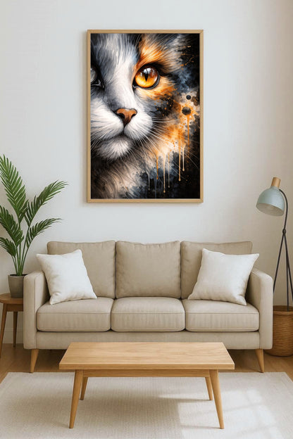 Ausdrucksstarkes digitales Katzenporträt mit goldenem Auge in dunkler Aquarelloptik