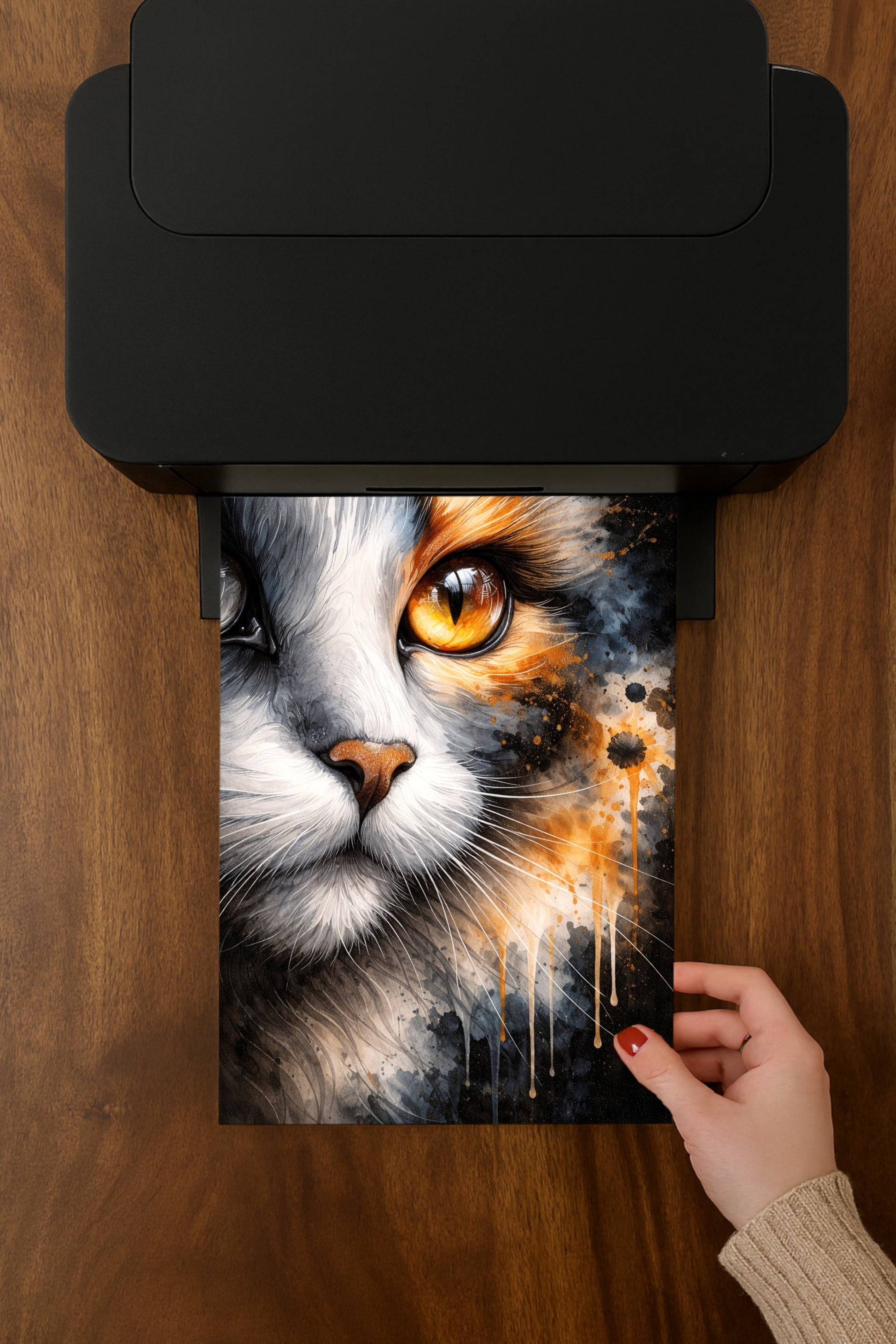 Ausdrucksstarkes digitales Katzenporträt mit goldenem Auge in dunkler Aquarelloptik