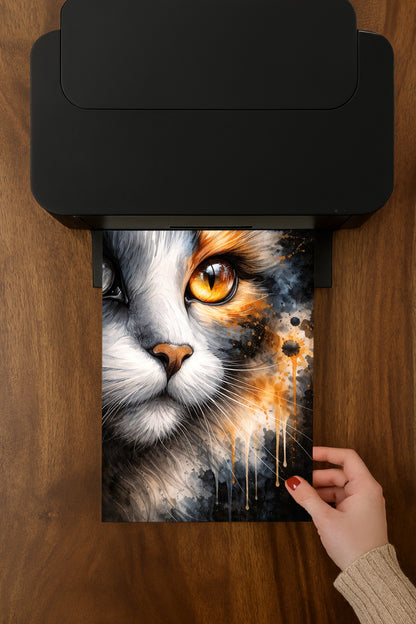 Ausdrucksstarkes digitales Katzenporträt mit goldenem Auge in dunkler Aquarelloptik