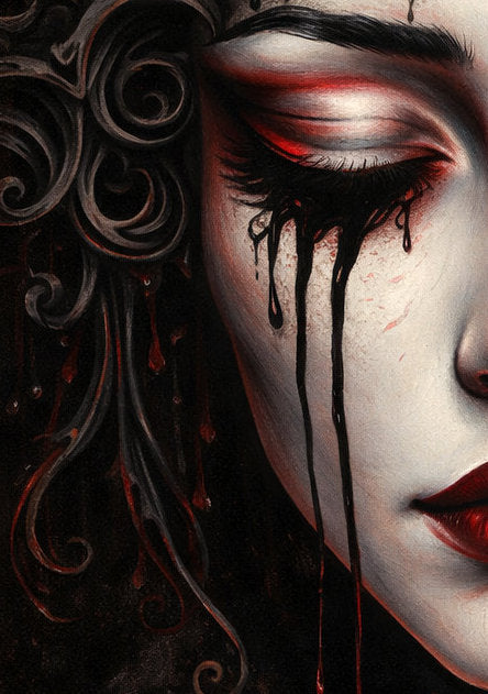 Dunkles digitales Frauenporträt mit roten Akzenten, tränenartigen Linien und mystischer Dark-Fantasy-Atmosphäre