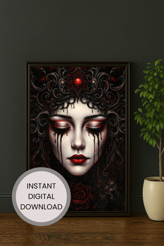 Dunkles digitales Frauenporträt mit roten Akzenten, tränenartigen Linien und mystischer Dark-Fantasy-Atmosphäre