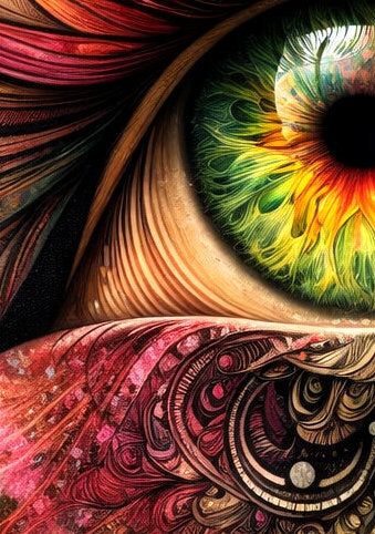 Farbenfrohes digitales Augenmotiv mit floralen und ornamentalen Strukturen in intensiven Grün-, Gold- und Rottönen