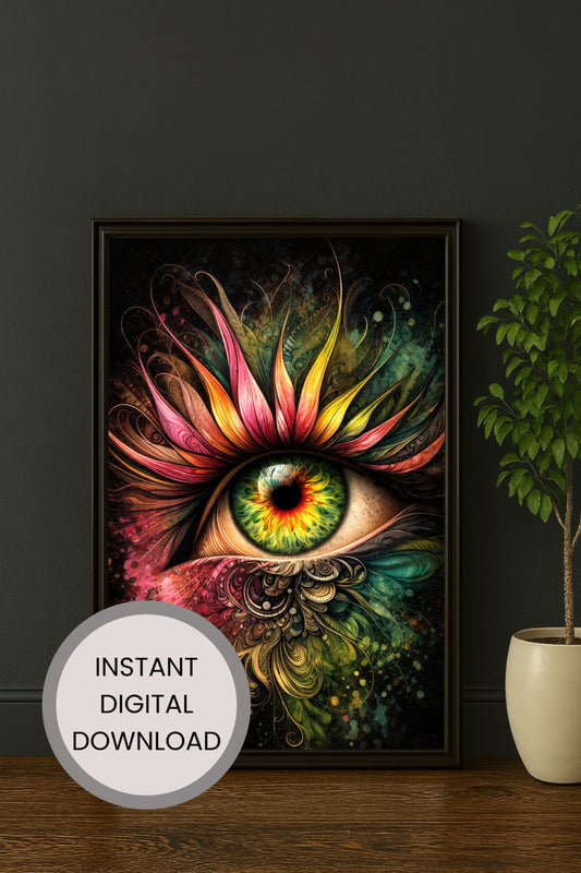 Farbenfrohes digitales Augenmotiv mit floralen und ornamentalen Strukturen in intensiven Grün-, Gold- und Rottönen