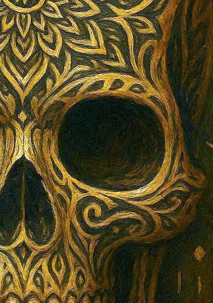 Ornamentaler digitaler Totenkopf mit goldenen Intarsien und mandalaartigen Mustern auf dunklem Hintergrund