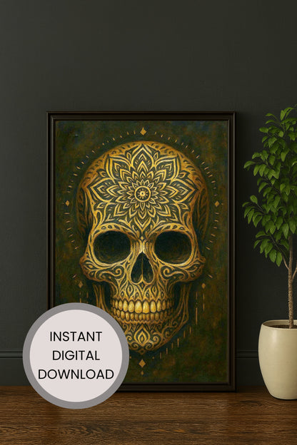 Ornamentaler digitaler Totenkopf mit goldenen Intarsien und mandalaartigen Mustern auf dunklem Hintergrund