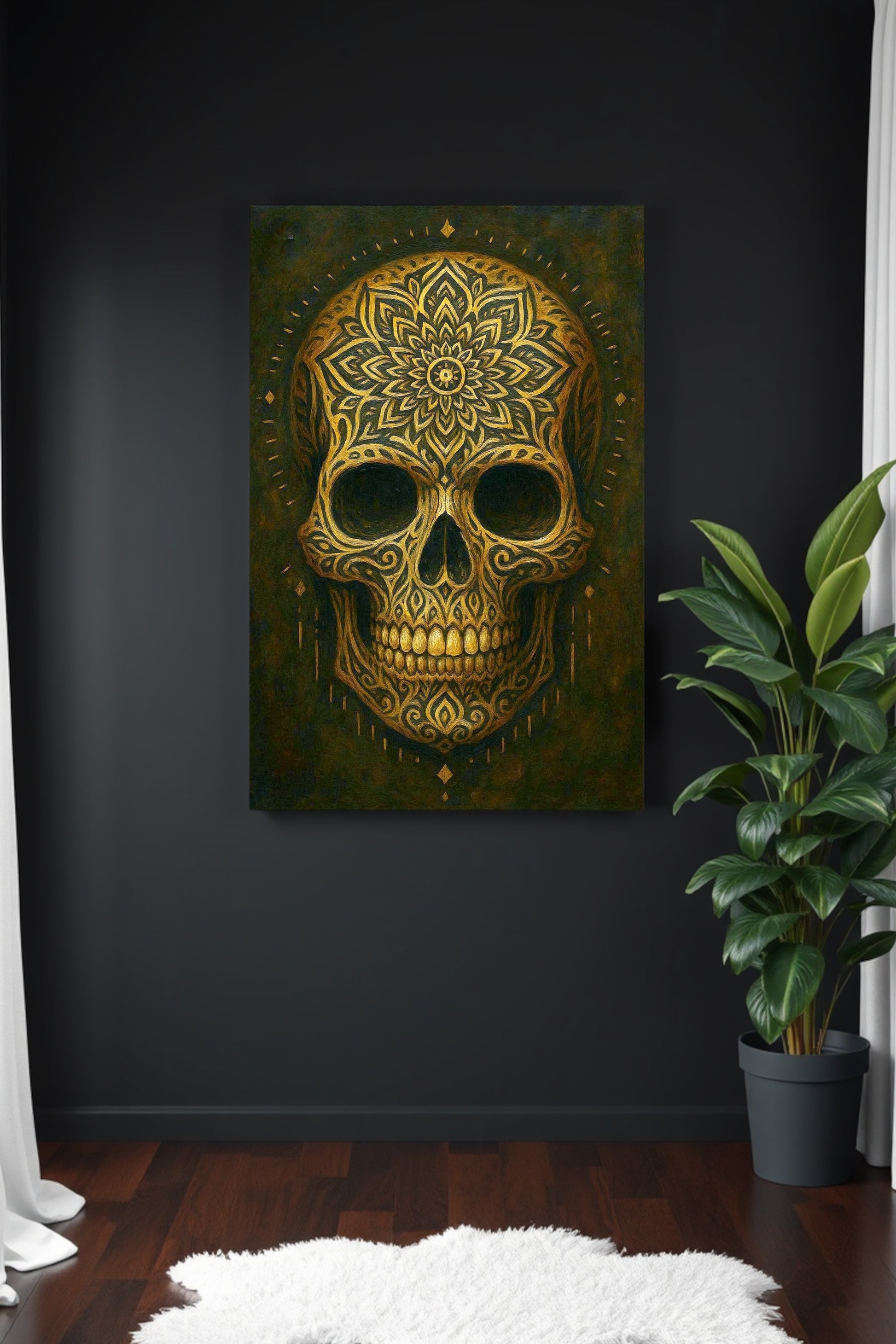Ornamentaler digitaler Totenkopf mit goldenen Intarsien und mandalaartigen Mustern auf dunklem Hintergrund
