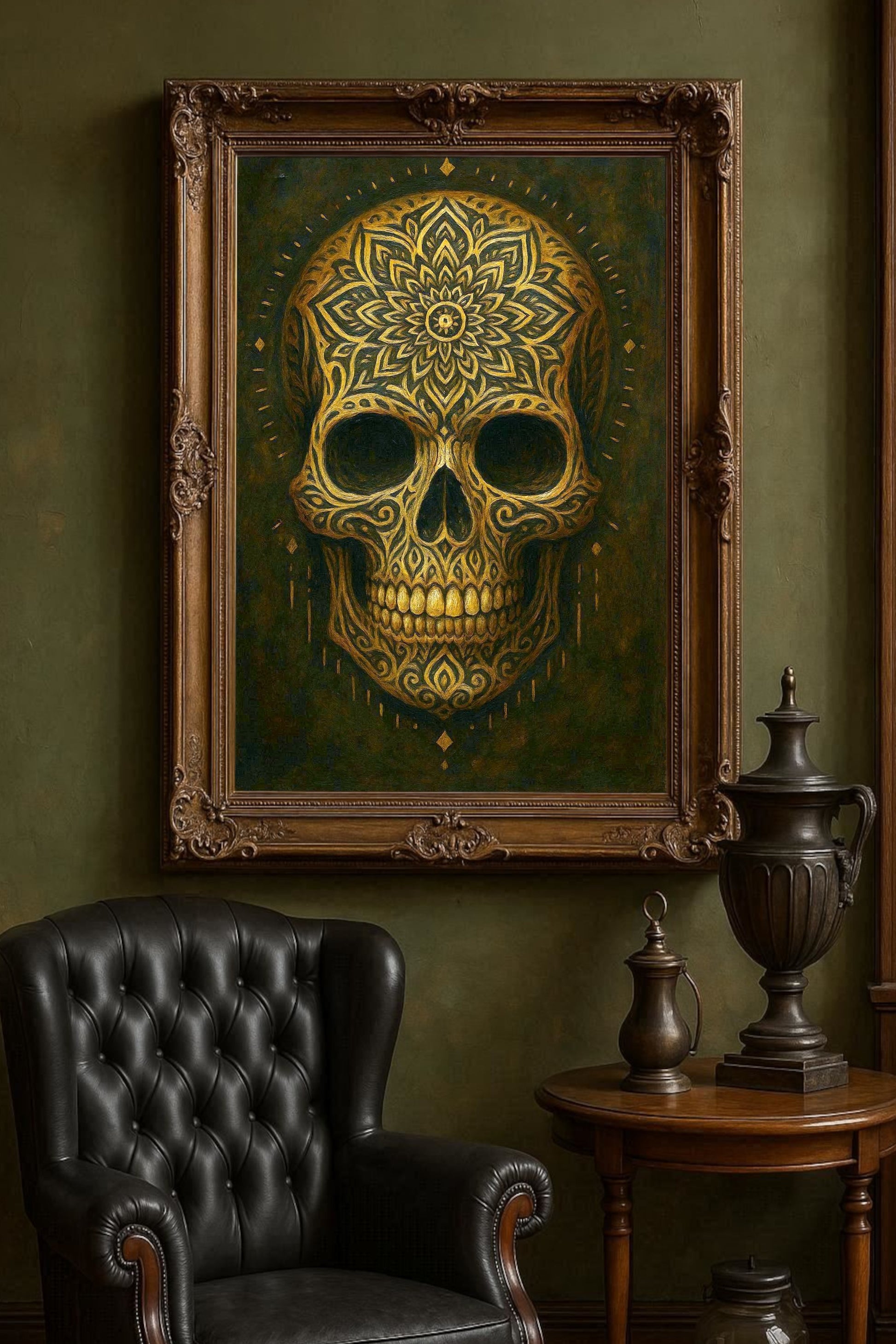 Ornamentaler digitaler Totenkopf mit goldenen Intarsien und mandalaartigen Mustern auf dunklem Hintergrund