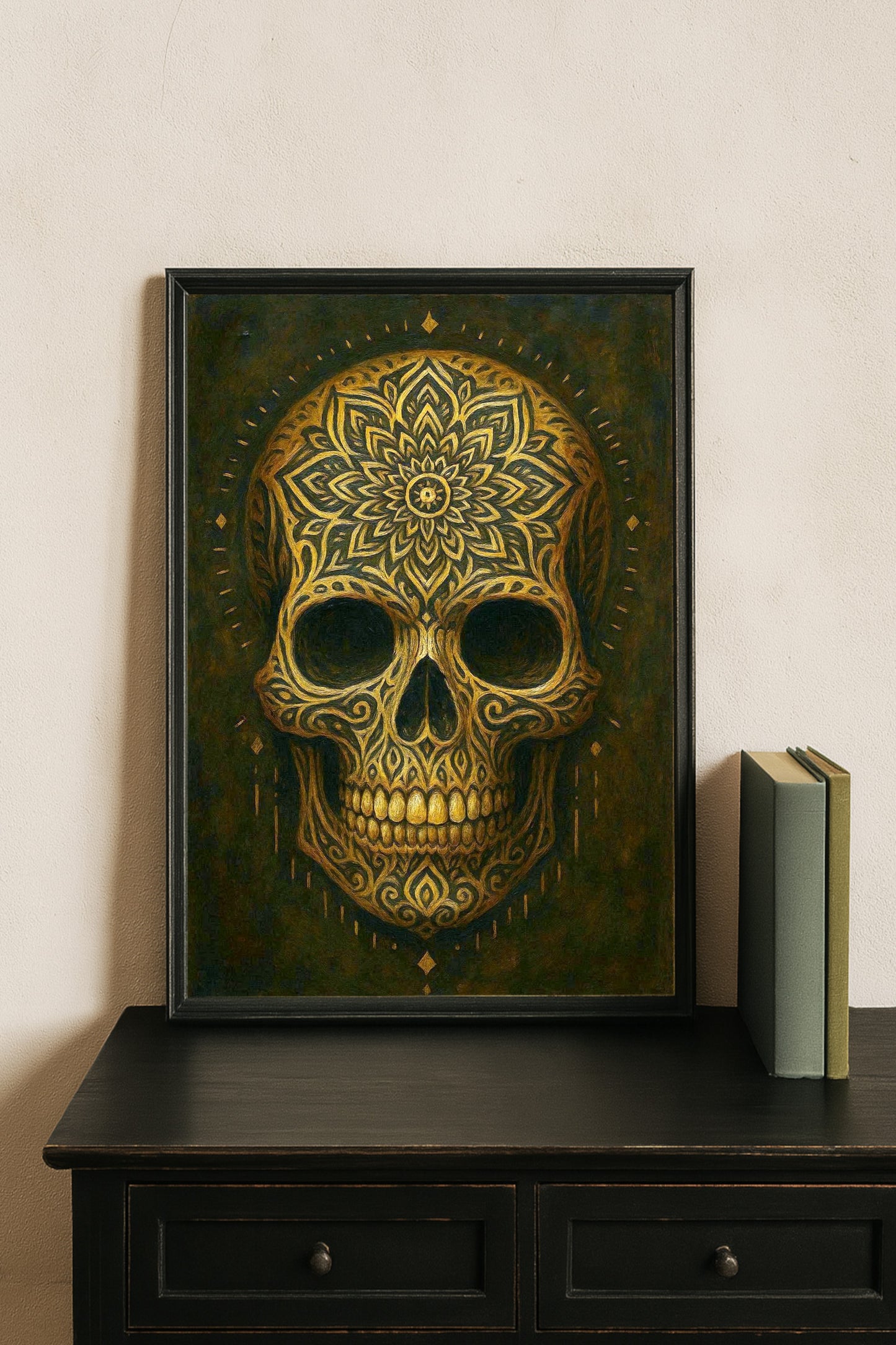 Ornamentaler digitaler Totenkopf mit goldenen Intarsien und mandalaartigen Mustern auf dunklem Hintergrund