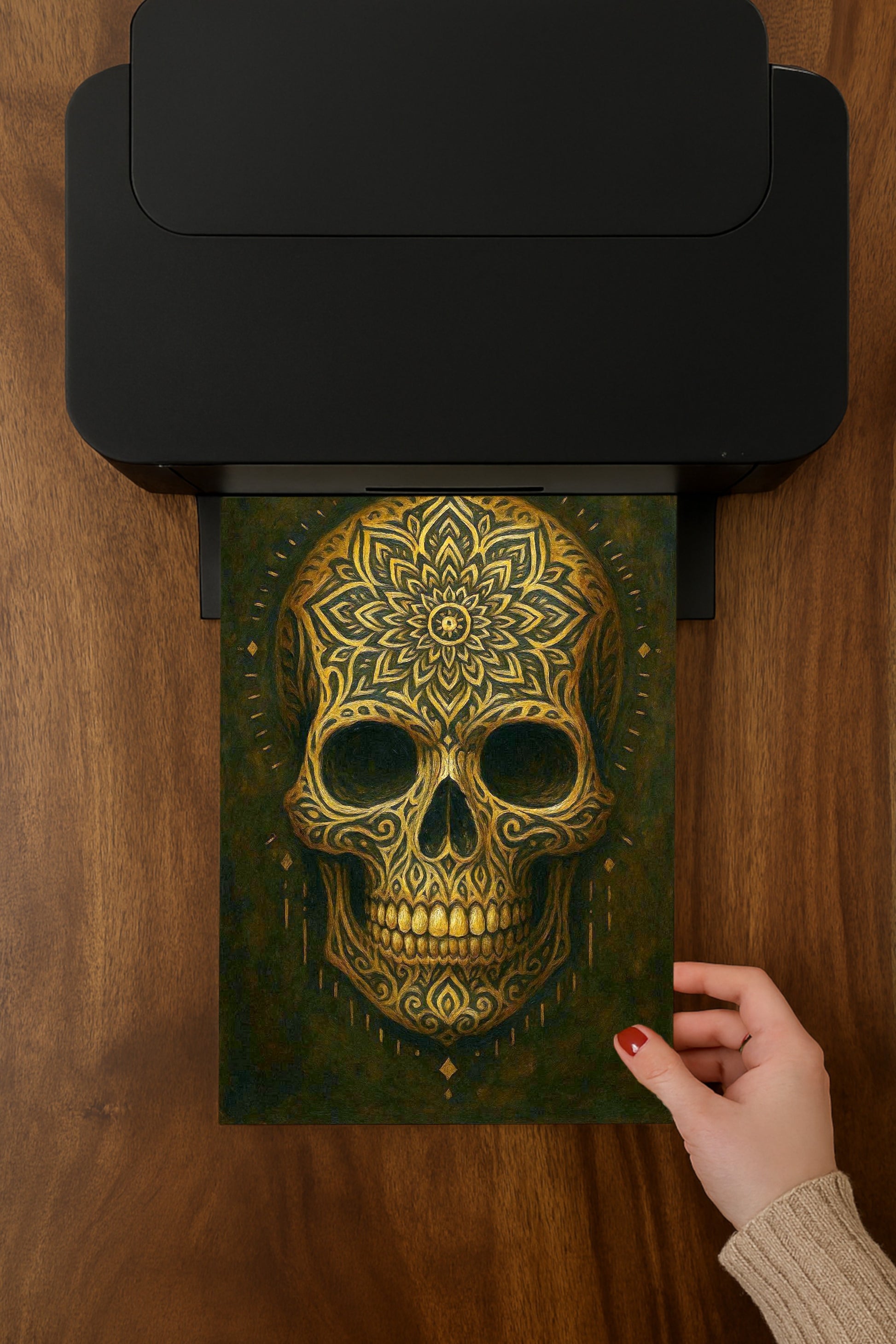 Ornamentaler digitaler Totenkopf mit goldenen Intarsien und mandalaartigen Mustern auf dunklem Hintergrund
