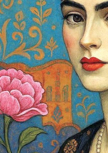 Symbolisches digitales Frauenporträt mit rotem Blumenkranz, floralen Mustern und ornamentaler Hintergrundgestaltung in warmen Farben