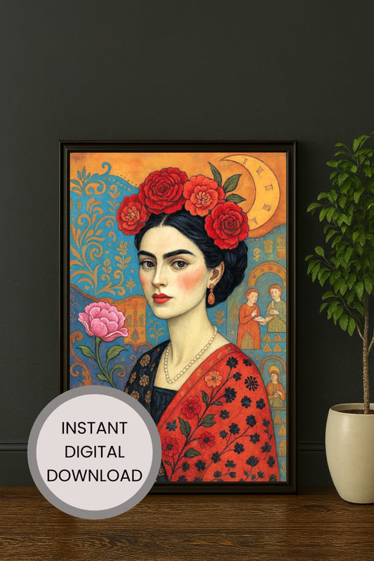 Symbolisches digitales Frauenporträt mit rotem Blumenkranz, floralen Mustern und ornamentaler Hintergrundgestaltung in warmen Farben