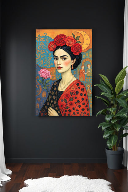 Symbolisches digitales Frauenporträt mit rotem Blumenkranz, floralen Mustern und ornamentaler Hintergrundgestaltung in warmen Farben